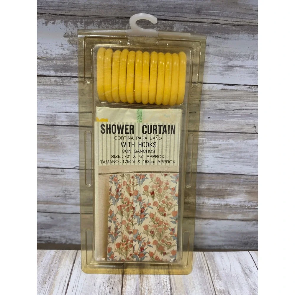 Vintage Floral Shower Curtain Set with Yellow Hooks 70x72 Tulip Print Vinyl